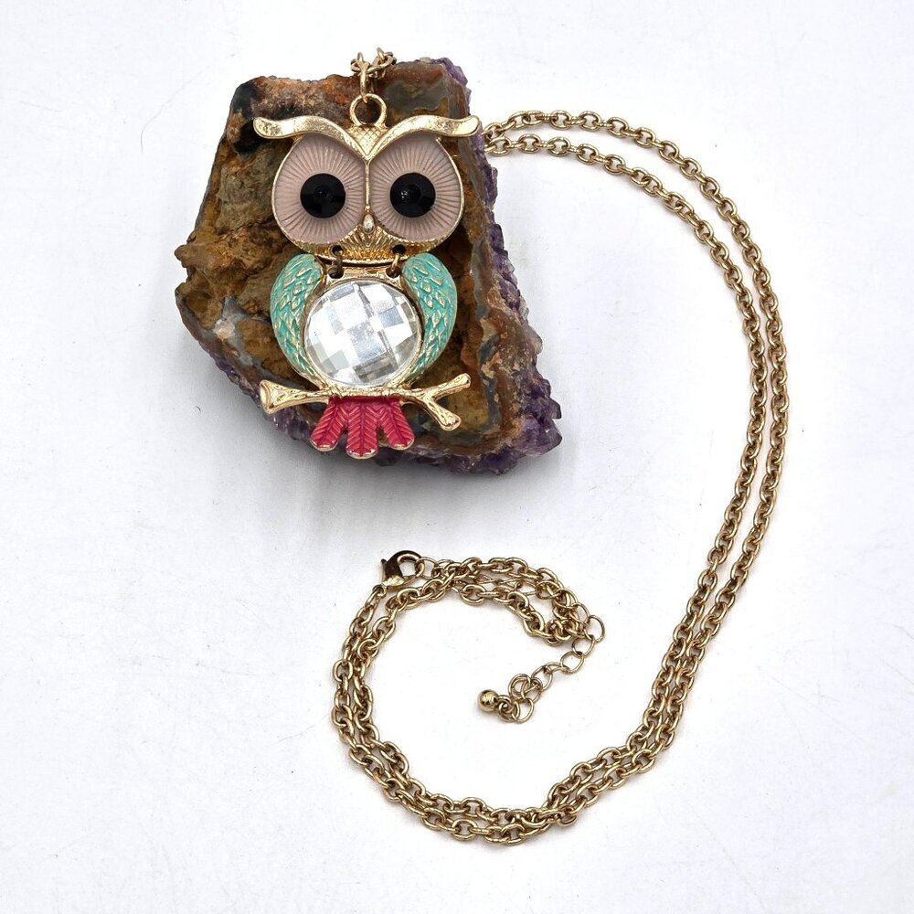 Vintage Charming Charlie Enamel Owl Pendant Necklace Turquoise Gold-Tone Chain - Picture 3 of 8